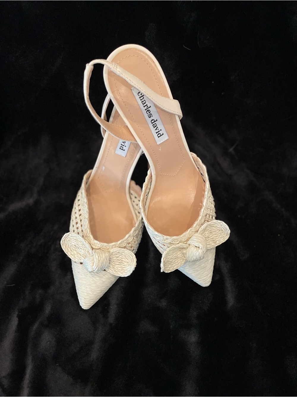 Charles David Cream Braided Pointed Slingback Heels with Knot Detail